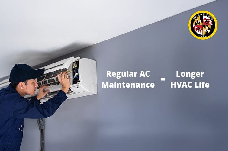 Technician performing AC maintenance on outdoor residential unit.