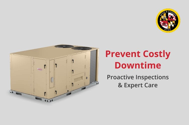 Commercial rooftop HVAC units being inspected for maintenance during hot weather.